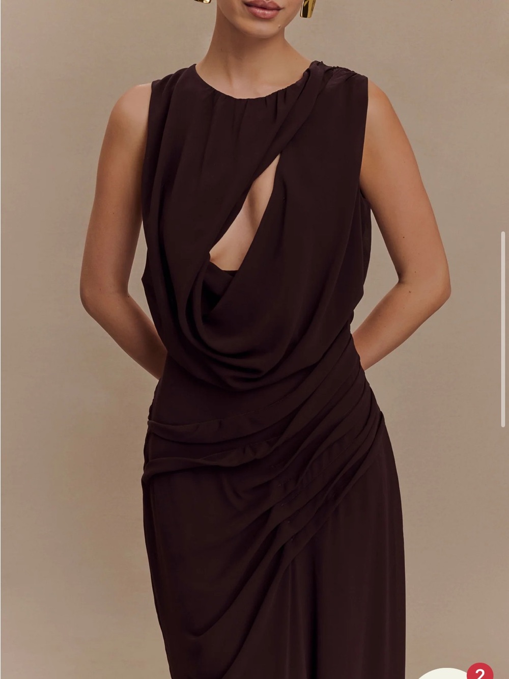 Meshki Oria Chiffon Maxi Dress (S) - Brown Draped Sleeveless Evening Gown - Picture 3 of 6
